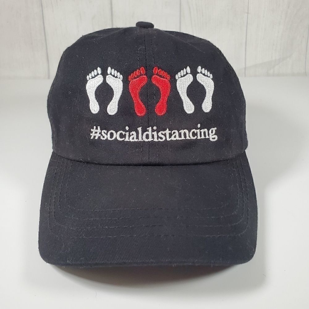 #socialdistancing Black Hat Red/White embroidered